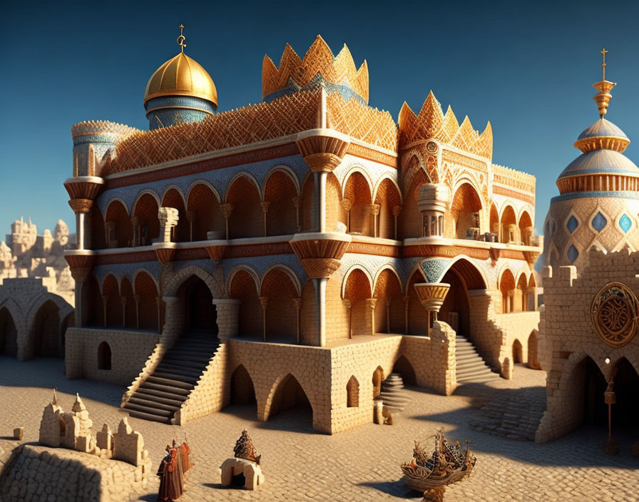 Detailed Sandcastle Palace with Miniature Figures under Clear Sky