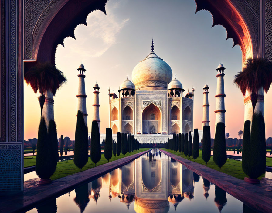 Iconic Taj Mahal Sunrise Reflection with Archway and Topiary Trees