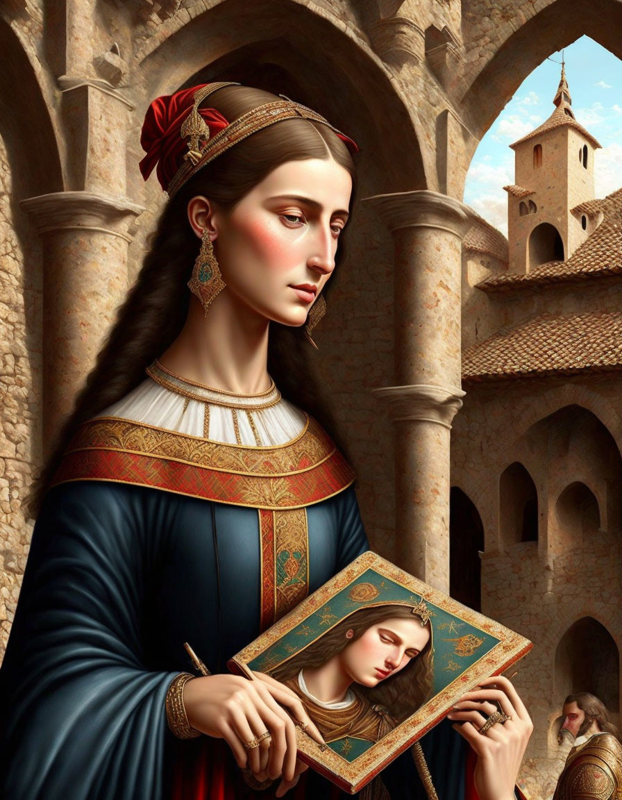 Renaissance painting of woman holding portrait in castle scene