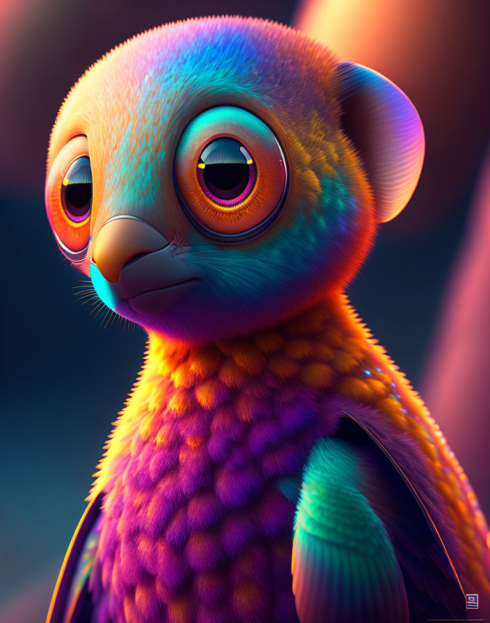 Vivid Avian-Mammalian Creature with Expressive Eyes in Blue and Orange