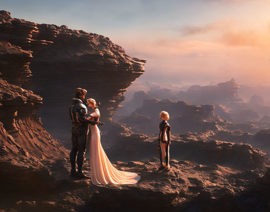 Three futuristic characters on cliff overlooking vast rocky canyon at sunset