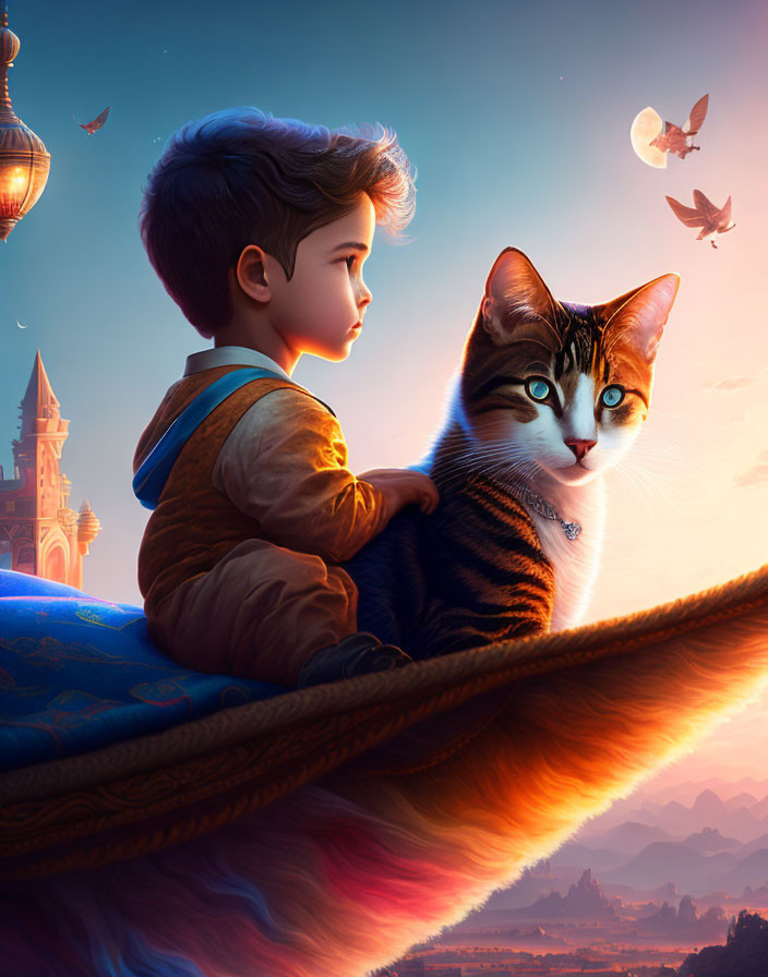 Boy and large cat on magic carpet in fantastical sky with castle, birds, and floating lamp