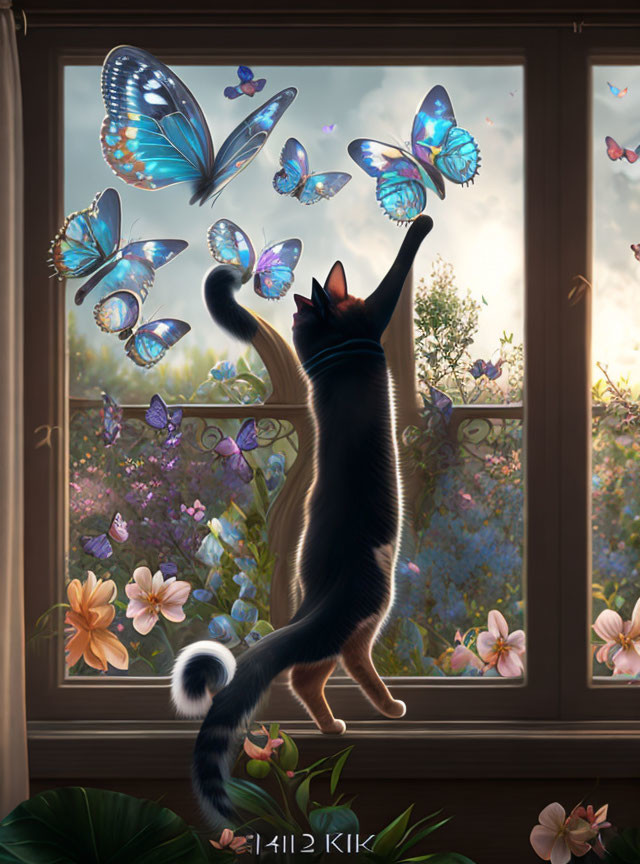 Cat admiring blue butterflies by garden window at sunrise or sunset