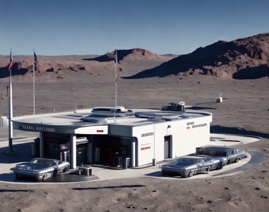 Futuristic circular gas station in barren rocky landscape