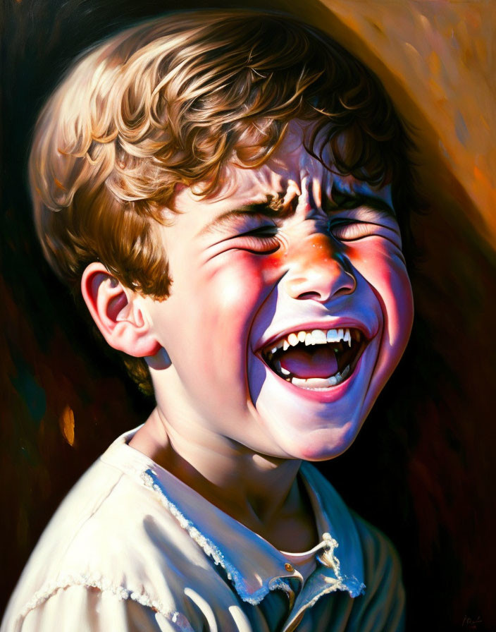 Hyperrealistic Painting: Young Boy Laughing with Curly Hair