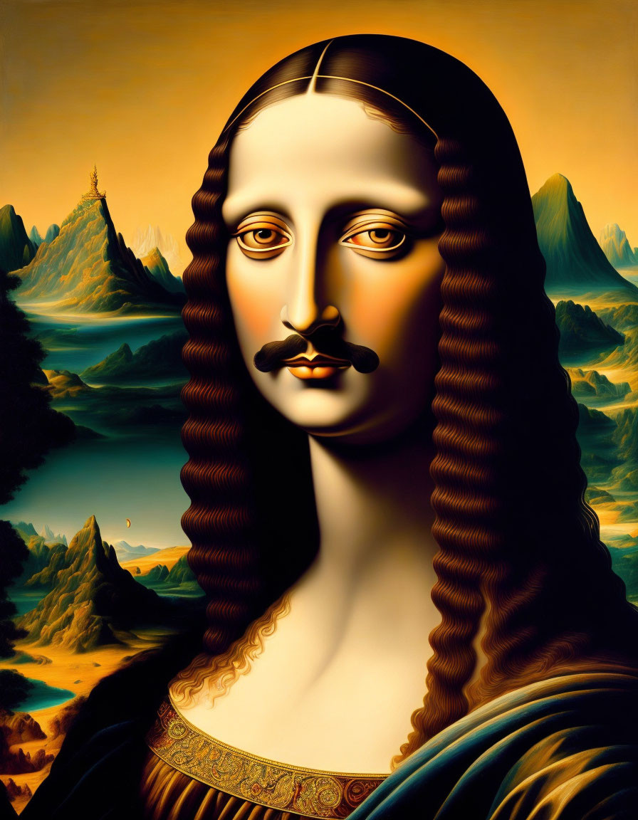 Surrealist female portrait with mustache in surreal landscape