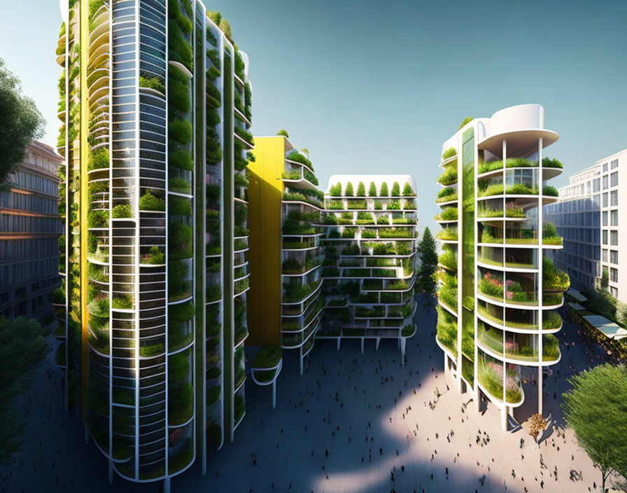 Modern high-rise buildings with green vertical gardens in futuristic cityscape