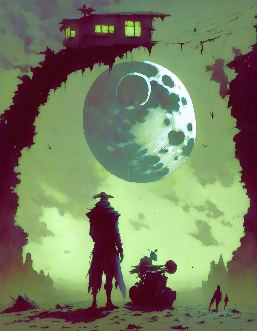 Cloaked figure and robot in dystopian landscape under large moon