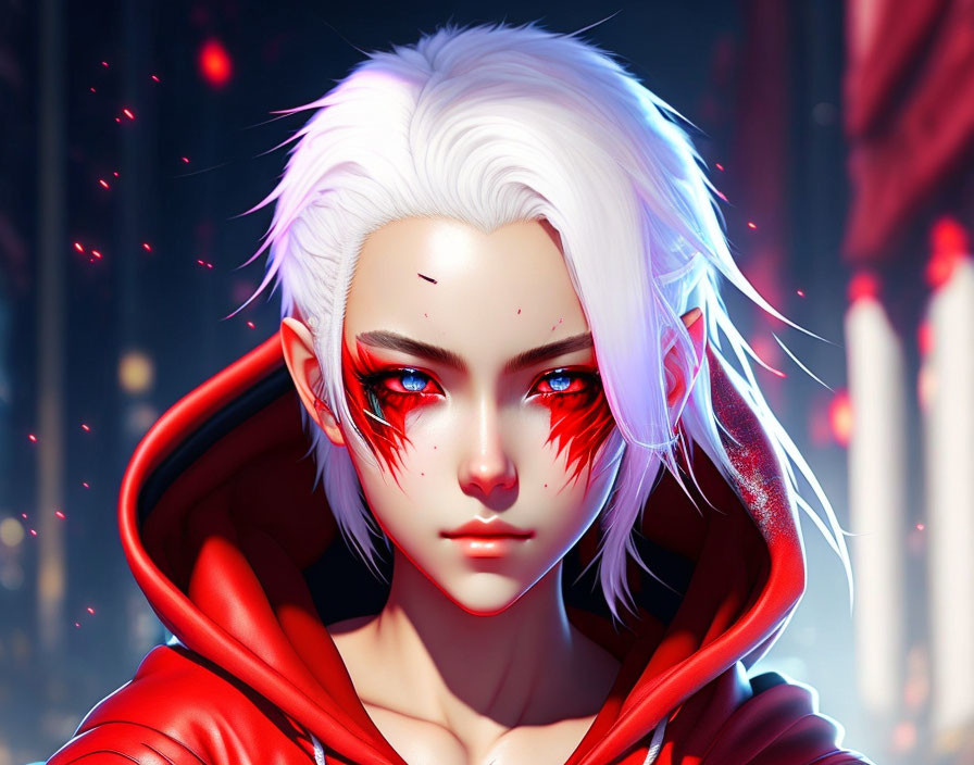 Digital artwork featuring character with red eyes, white hair, and red hood