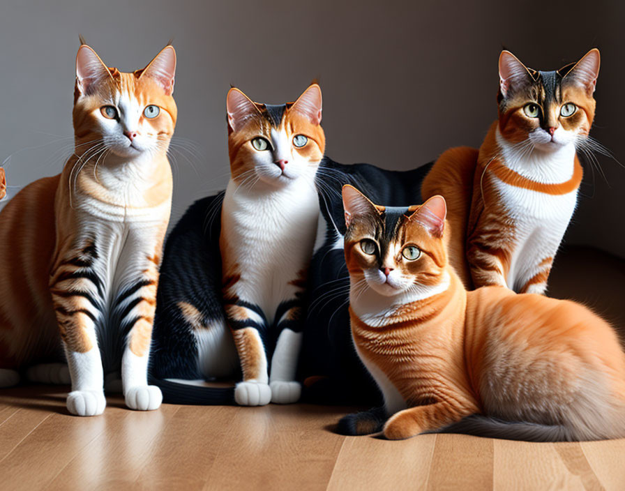 Four Orange and White Cats with Unique Patterns in Indoor Setting