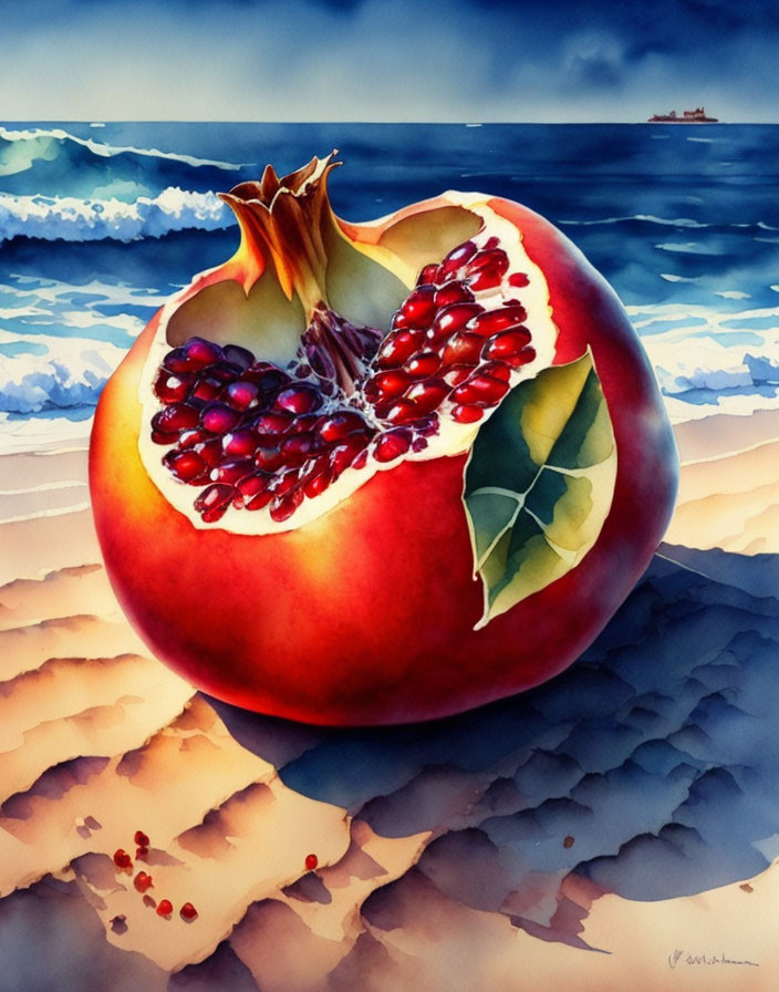 Colorful Watercolor Painting of Pomegranate by the Sea