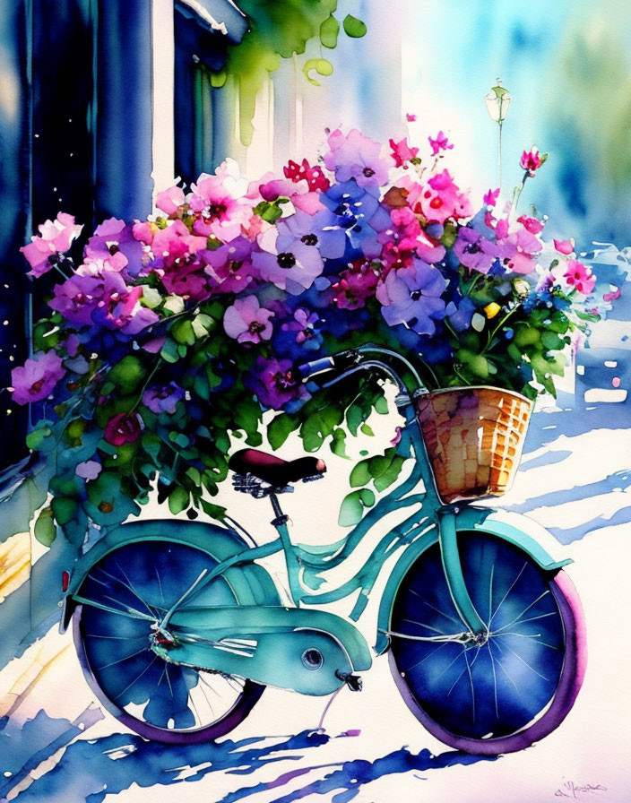 Colorful watercolor painting of blue bicycle with flower-filled basket beside sunlit building