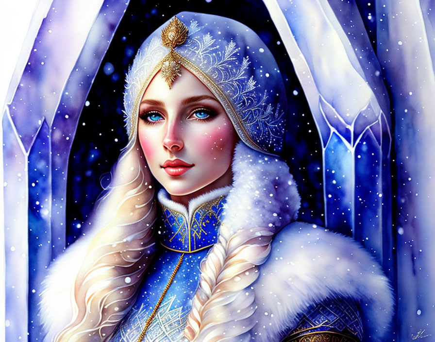 Digital Art: Woman in Blue Winter Cloak on Snowy Background