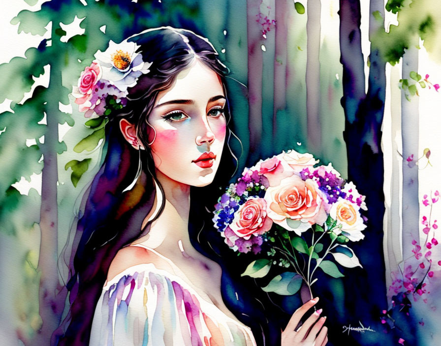 Watercolor portrait of woman with floral hair, holding bouquet, amidst greenery