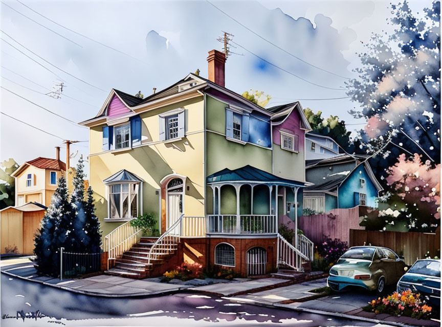 Colorful Two-Story House with Porch, Car, and Blooming Trees Under Cloudy Sky