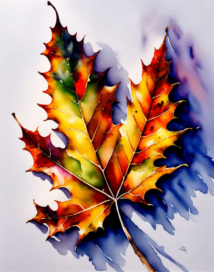 Colorful Watercolor Painting of Two Autumn Leaves on Purple Background