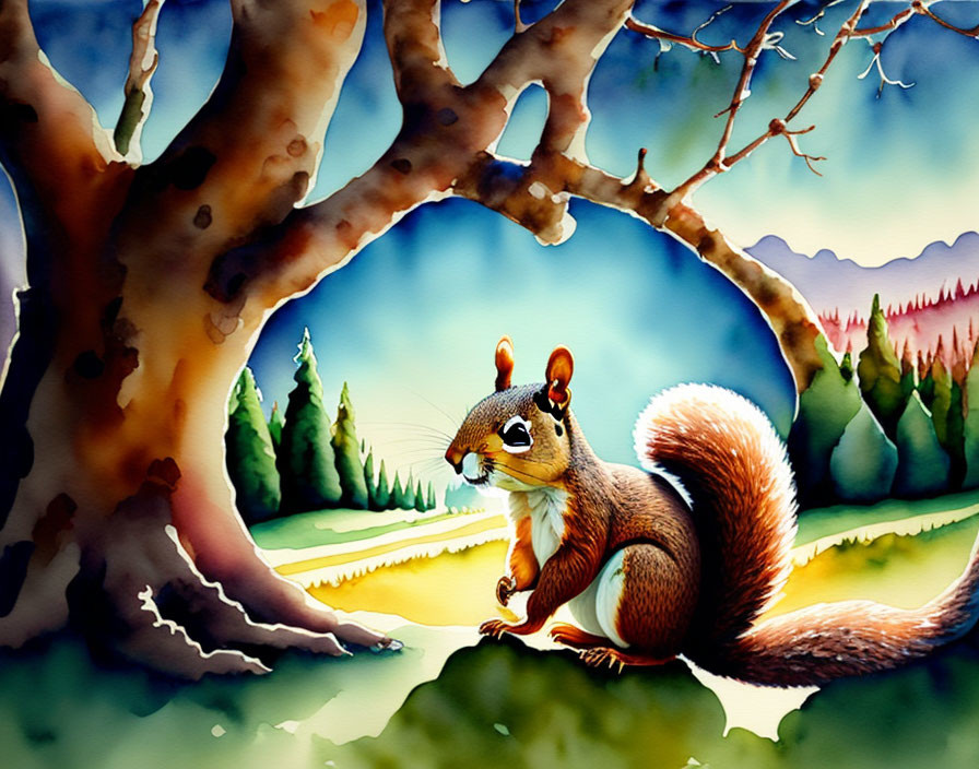 Detailed Watercolor Illustration of Squirrel in Forest Setting