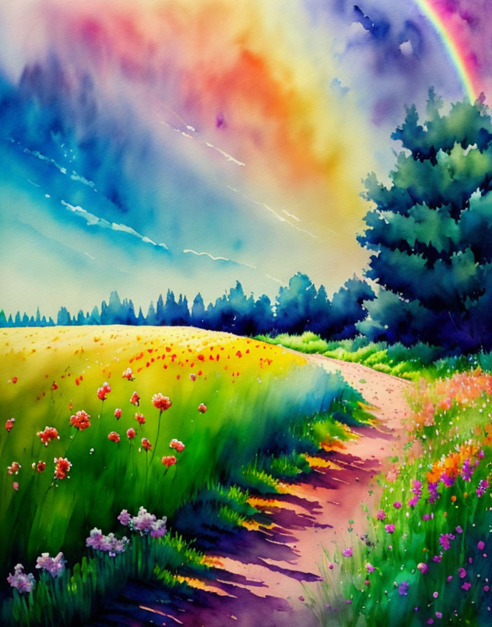 Colorful watercolor landscape with rainbow, field, flowers, trees, and dynamic sky