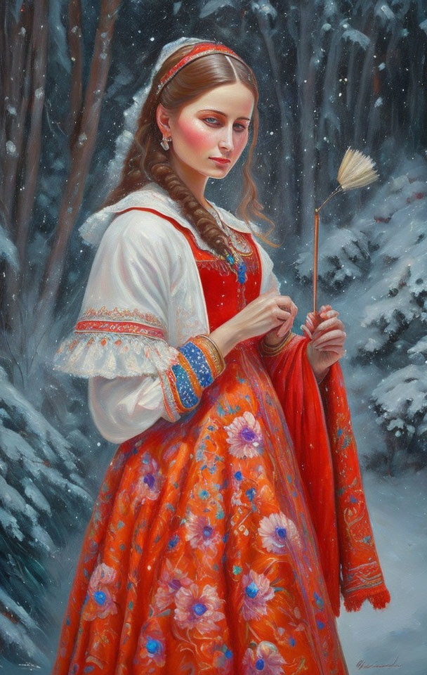 Woman in red floral dress with feather in snowy forest