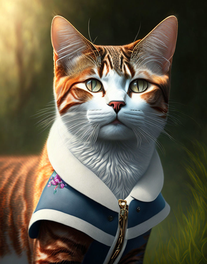 Anthropomorphic cat digital portrait with amber eyes and stylish blue collar