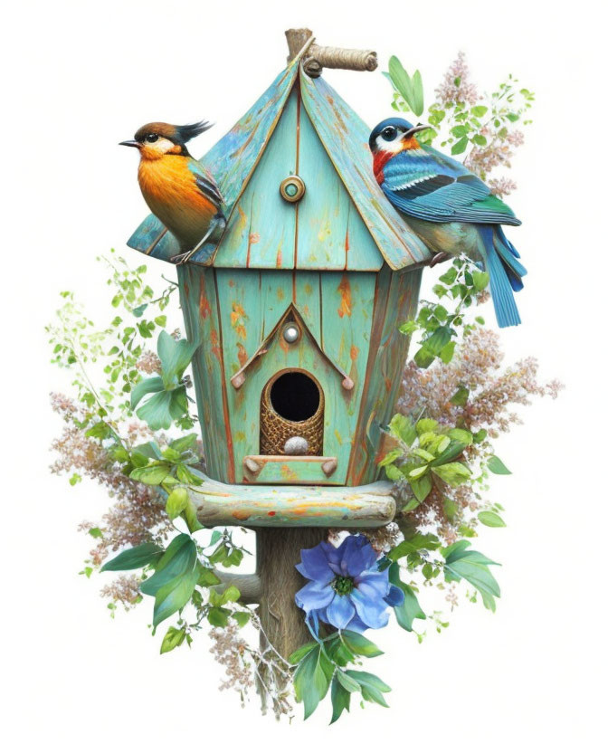 Colorful Birds Perched on Rustic Blue Birdhouse with Flowers