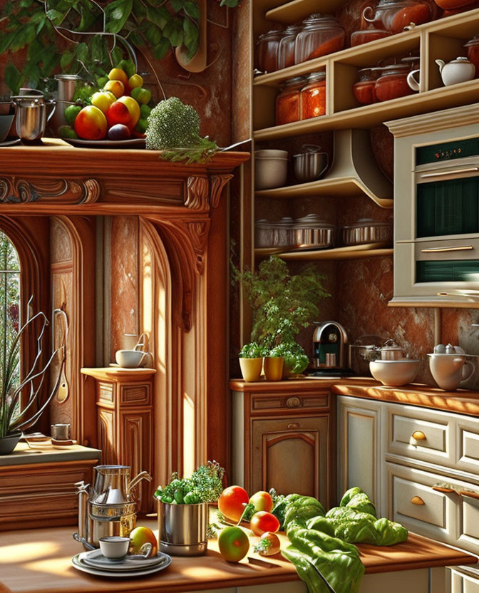 Kitchen corner with wooden cabinetry, stocked shelves, fresh produce, and espresso machine