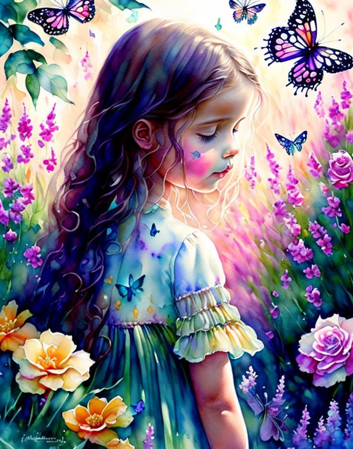 Vibrant painting of young girl with long hair in floral setting