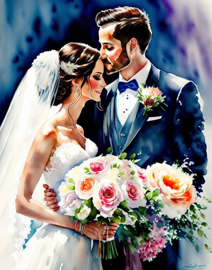 Watercolor painting of bride and groom embracing with bouquet