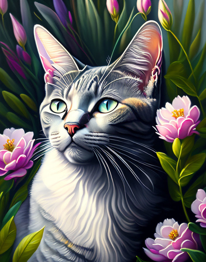 Detailed Grey Tabby Cat Illustration Among Pink Flowers and Greenery