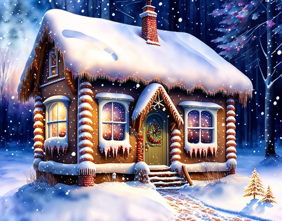 Snow-covered cottage with Christmas decorations under starry sky