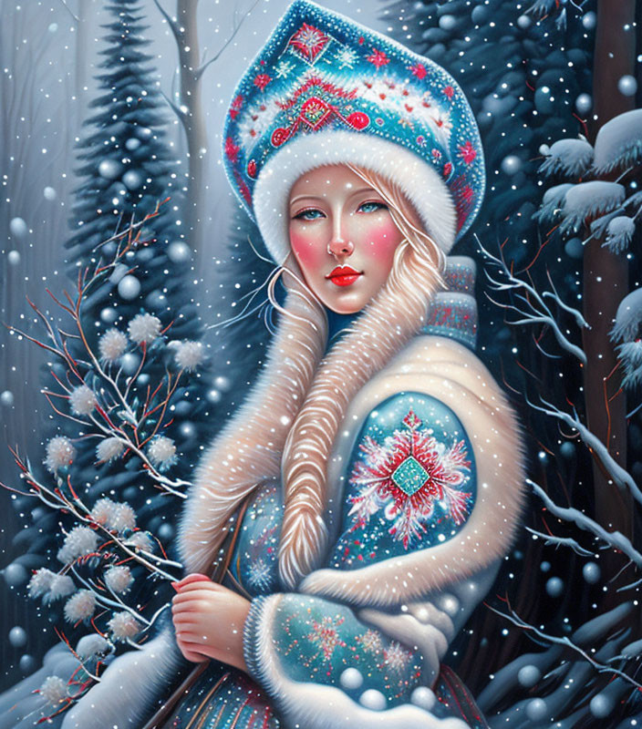 Traditional winter attire woman in snowy landscape with intricate patterns and falling snowflakes.