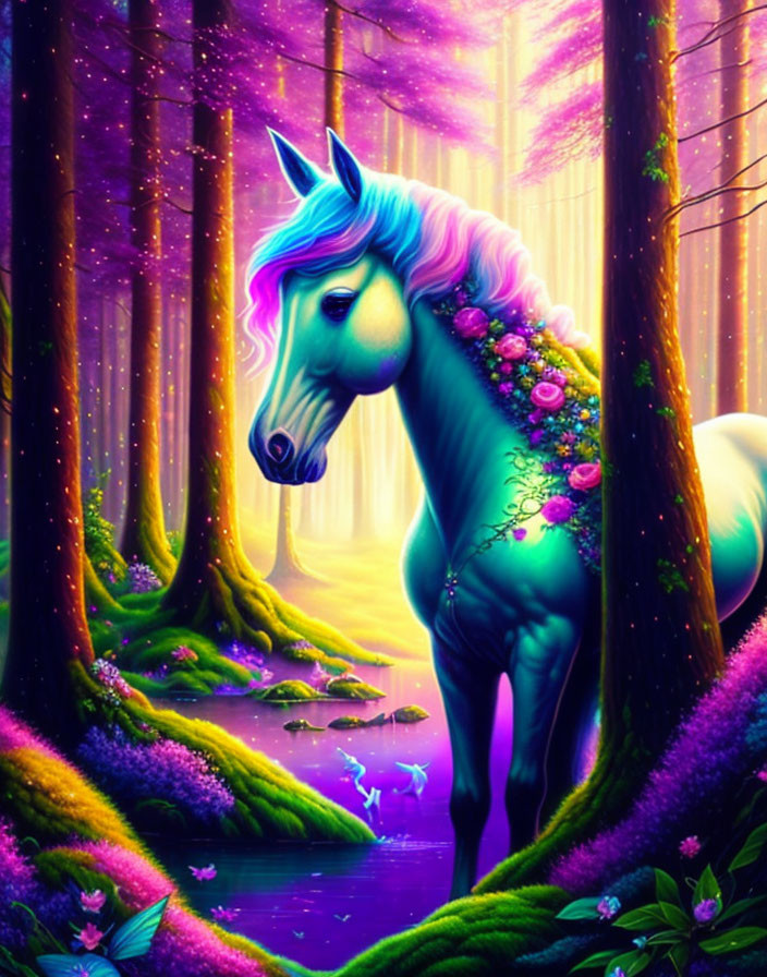 Majestic blue unicorn with flowers in mystical forest