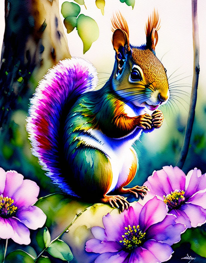 Colorful Squirrel Illustration on Pink Flowers with Nut and Lush Background