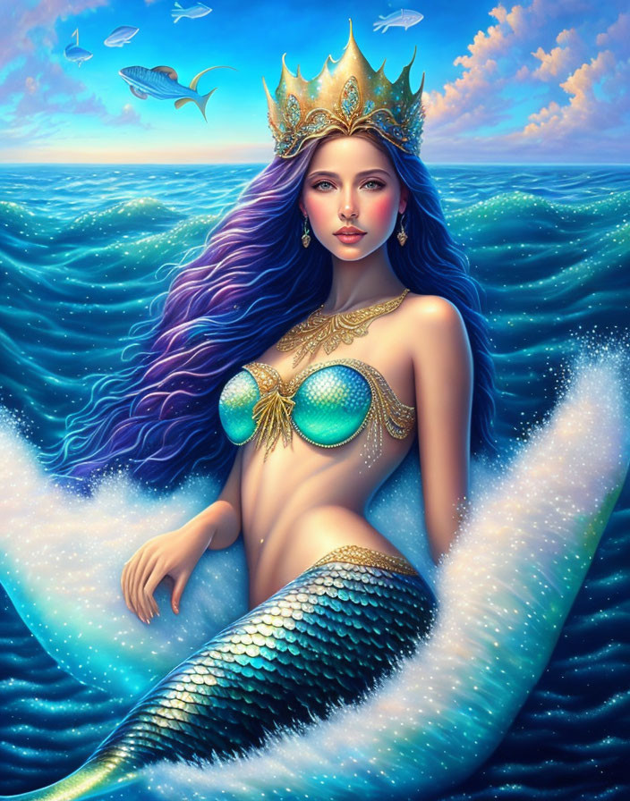 Mermaid with Purple Hair and Golden Crown on Ocean Waves