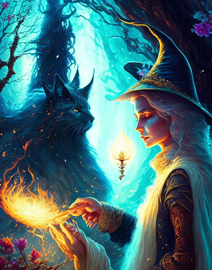 Enchanting sorceress with glowing orb and mystical wolf in luminescent forest