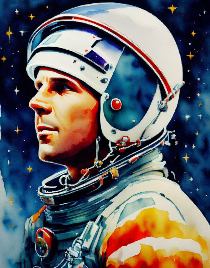 Detailed Watercolor Astronaut with Spacesuit Helmet on Starry Sky Background