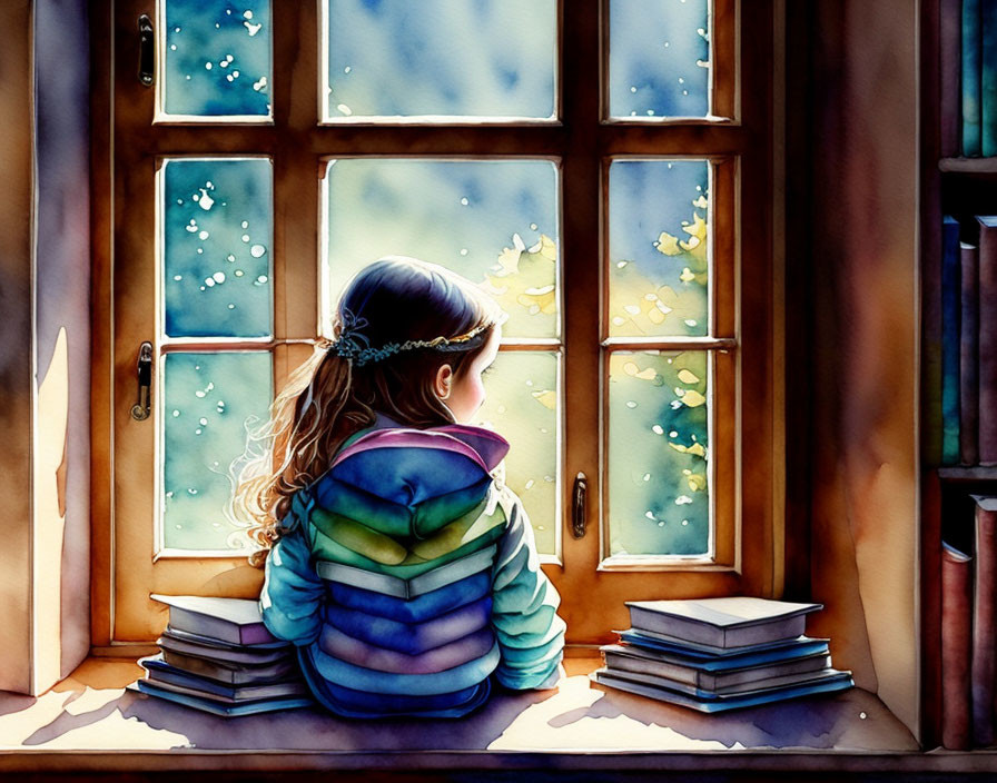 Young girl in blue jacket gazes out window in sunny autumn scene