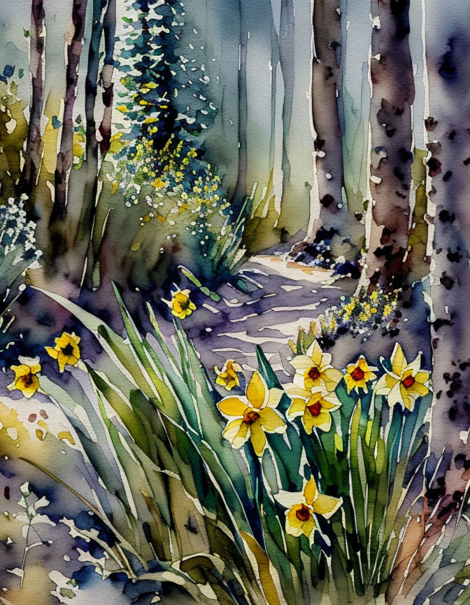 Serene forest path with vibrant daffodils and speckled sunlight