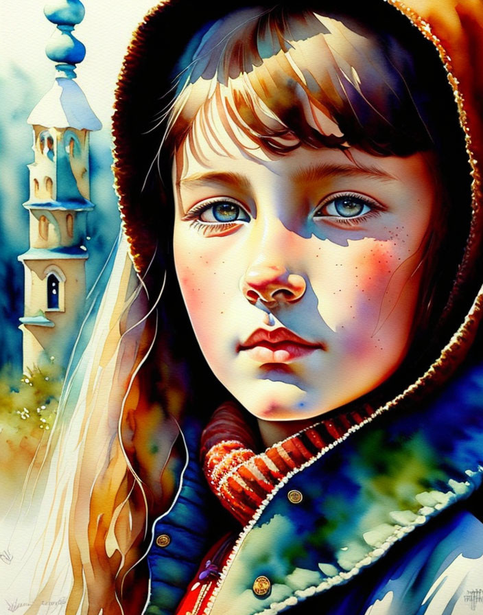 Portrait of a young girl with expressive blue eyes in watercolor