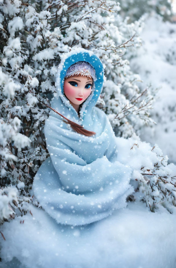 Traditional Russian matryoshka doll in blue cloak surrounded by snow-covered branches and falling snowflakes