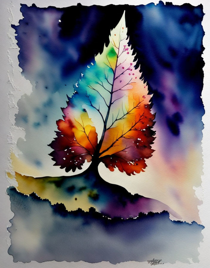 Vibrant Multicolored Leaf Watercolor Painting with Water Droplets