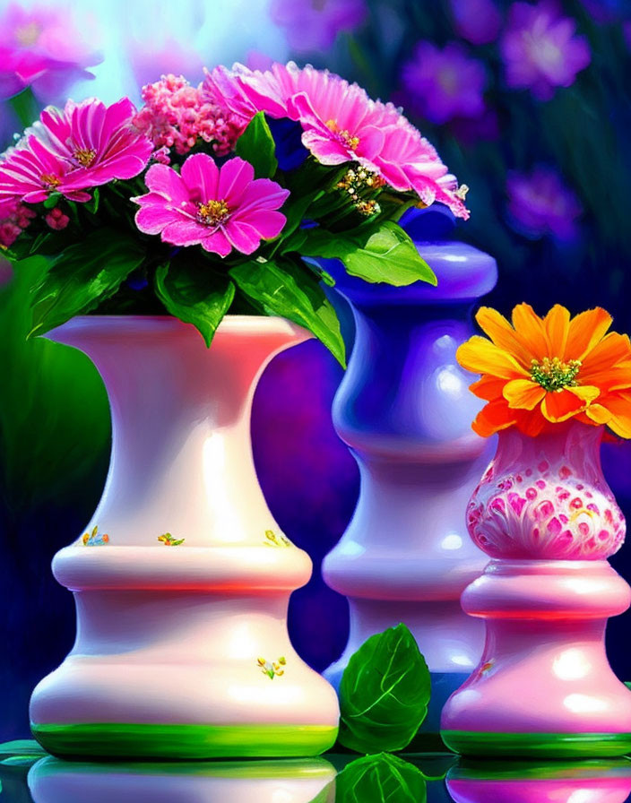 Colorful Chess Piece Vases with Flowers on Purple Background