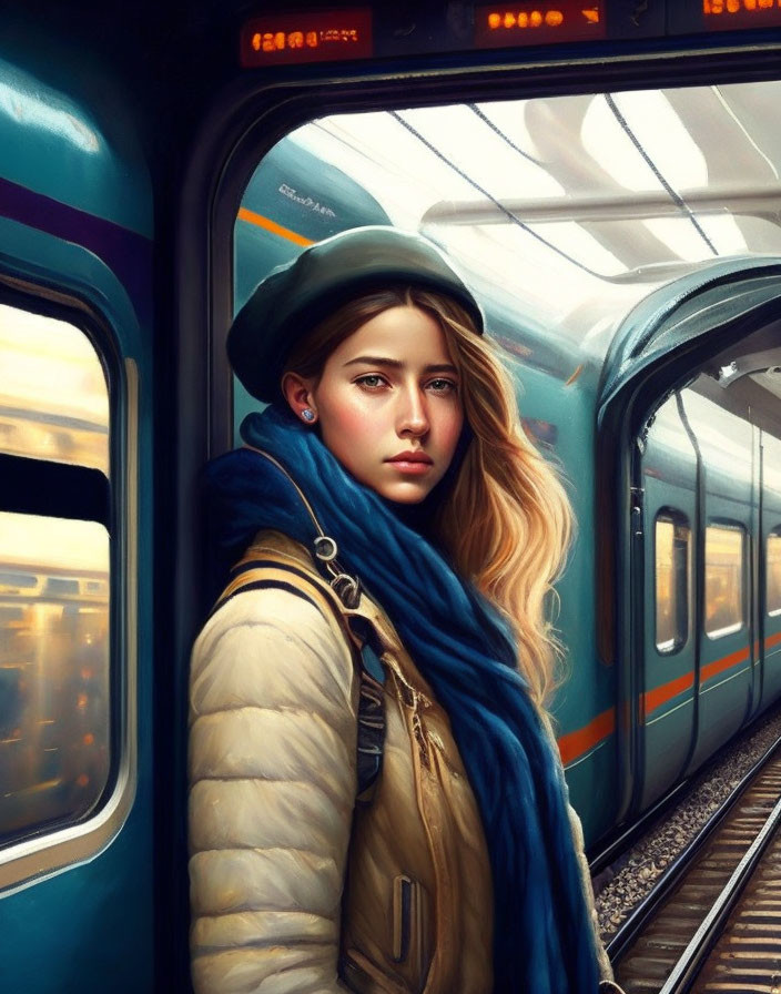 Young woman in green beret and blue scarf by train, gazing pensively