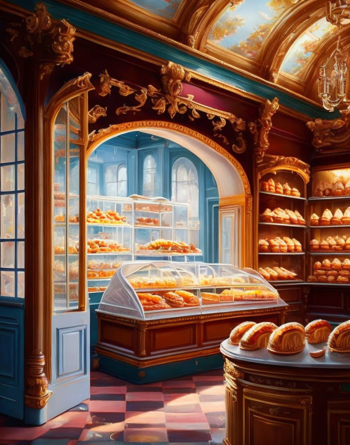 Bakery interior with wood paneling, shelves of bread, painted sky ceiling, and sunlight through