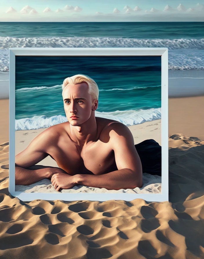 Surreal painting of shirtless man on beach in picture frame