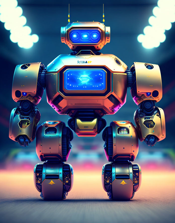 Futuristic robot with blue screen and neon lights