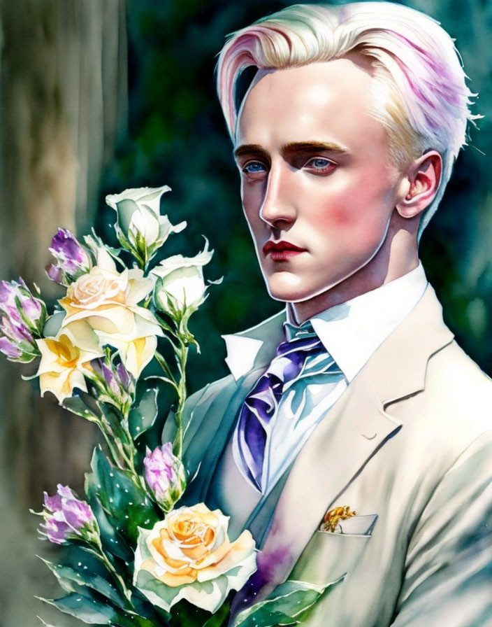 Blond man with serious expression holding yellow roses in beige suit