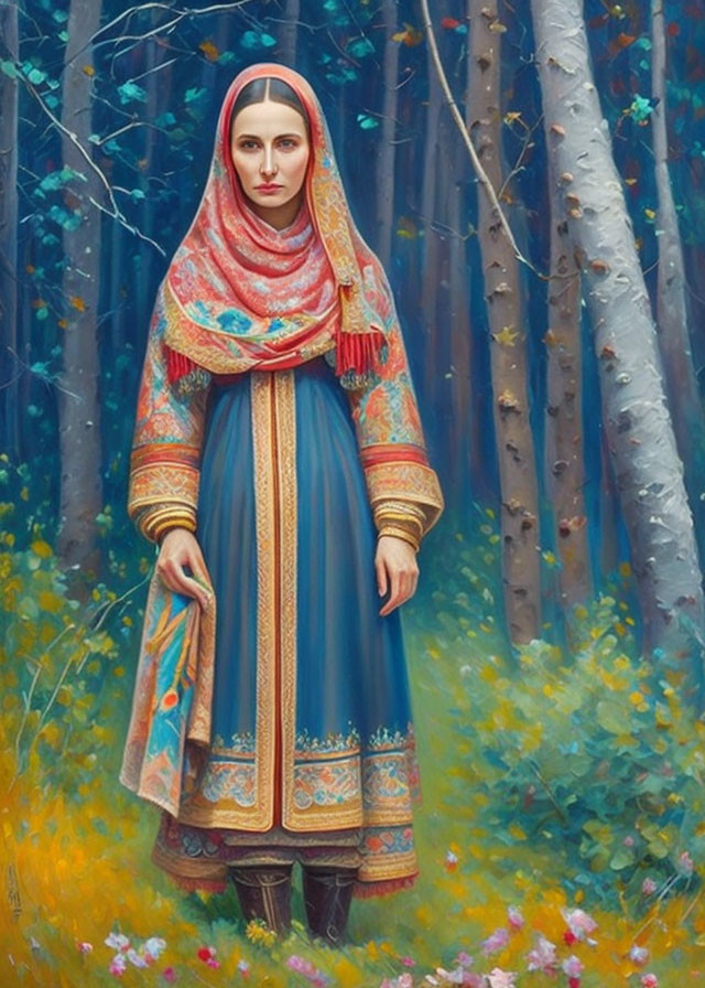 Woman in traditional attire in birch forest with red shawl and blue dress