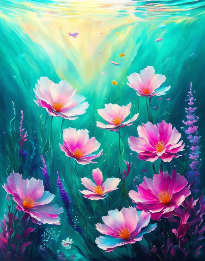 Colorful Cosmos Flowers Painting on Turquoise Background