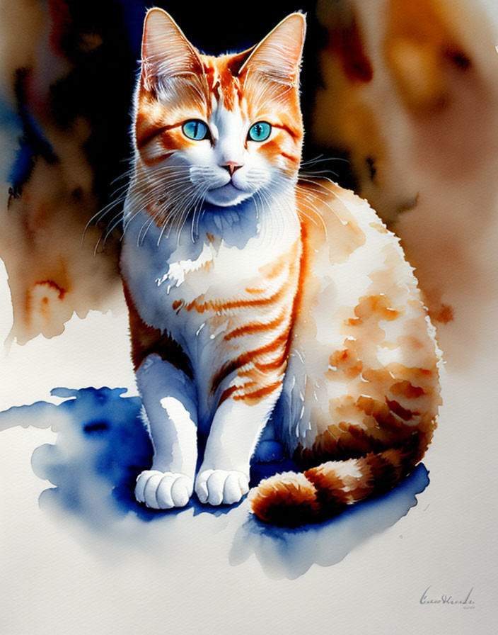 Colorful Watercolor Painting of Orange and White Cat with Blue Eyes